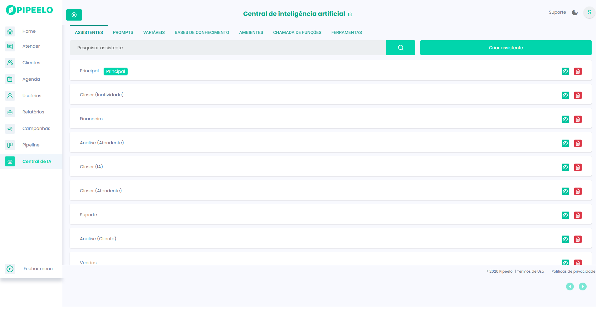 Pipeelo Agents — Central de IA proativa